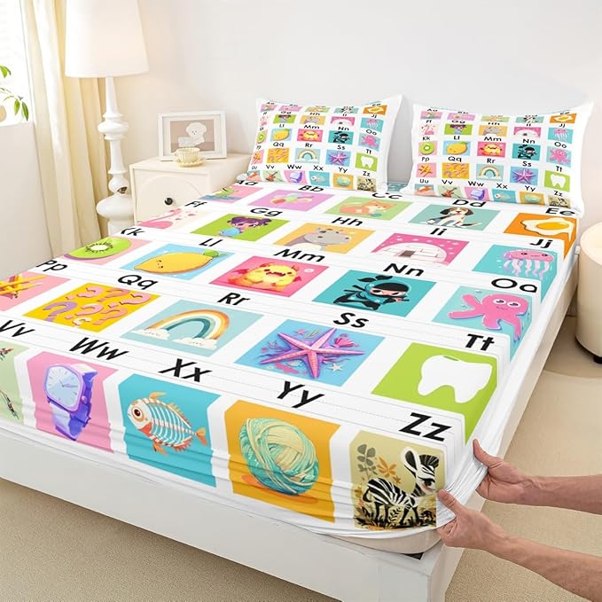 Feelyou Kids ABC Chart Bedding Set Twin Size, Educational Bed Sheet Set Boys Girls Preschool Fitted Sheet Learning Teens Bedroom Decor Bed Set 2Pcs (No Flat Sheet)