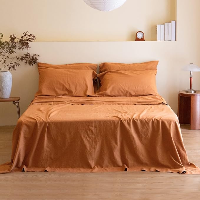 Simple&Opulence Belgian Linen Sheet Set Solid Color - 6 Pieces (1 Flat Sheet & 1 Fitted Sheet & 4 Pillowcases) 16" Deep Pocket Natural Flax Cotton Blended Soft Bedding - Rust, King Size