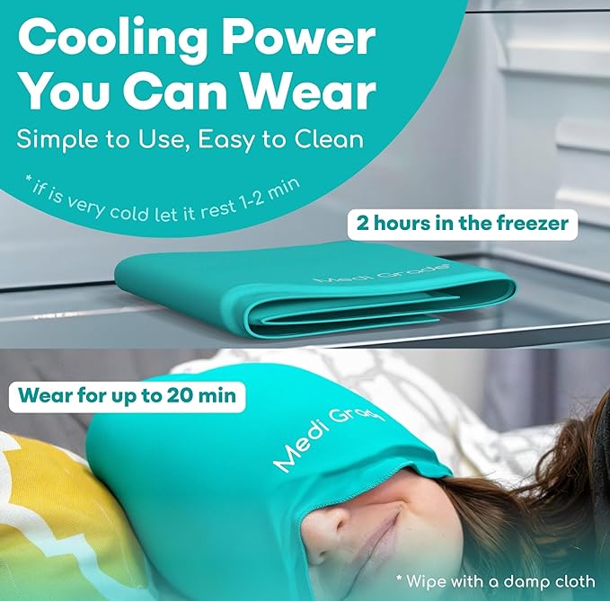 Medi Grade Migraine Relief Cap - Cooling Compression Headache Relief Cap with Full Coverage - Soft Flexible Fabric Gel Migraine Cap that Blocks Light, Reusable Migraine Mask for Cold Therapy
