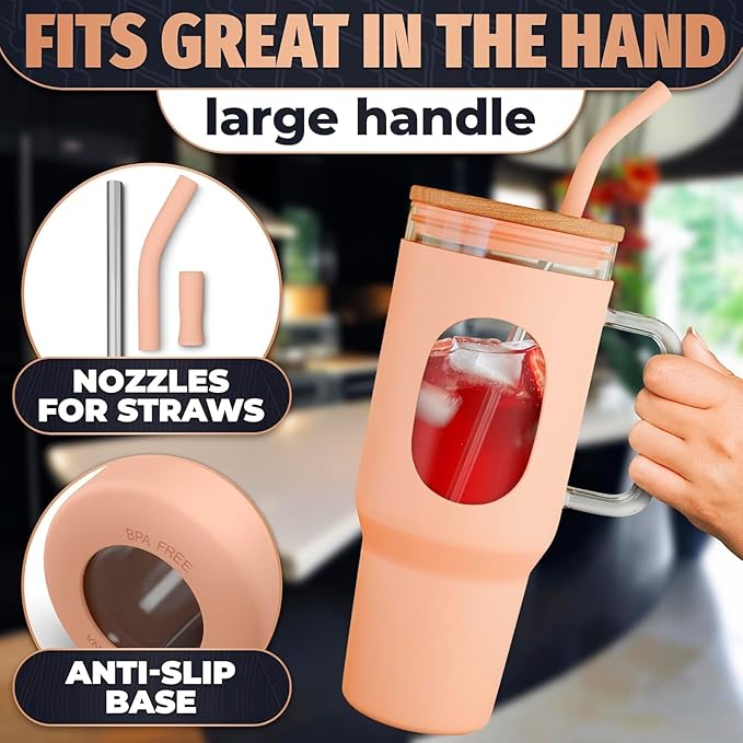 46 Oz Glass Tumbler with Lid – Large Peach Tumbler with Straw and Lid | Ergonomic Glass Water Bottle with Handle, 2 Straws, Silicone Sleeve, Dishwasher Safe, Easy Visibility | Valentine's Day Gift