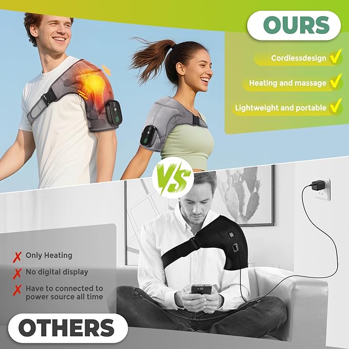 Shoulder Heating Pad with Massage, Cordless Shoulder Heating Pad, Shoulders Massager for Pain Relief, Left Right Heated Shoulder Wrap for Rotator Cuff & Shoulder Brace Support (Grey)