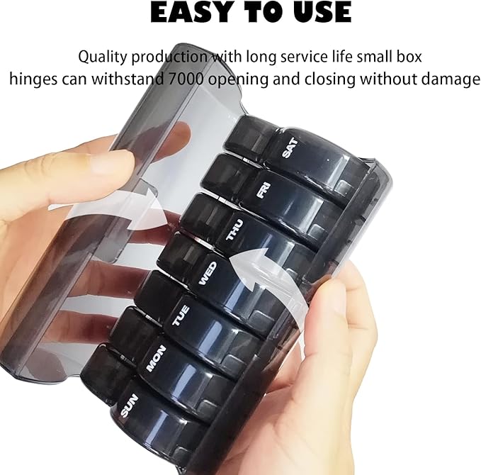 Weekly Pill Organizer 2 Time a Day，Pill Dispensers， Pill Box 7 Day with One-Side Large Opening Design for Easy Filling ，2 Times a Day AM/PM Pill Case, for Vitamins/Fish Oils (Black)