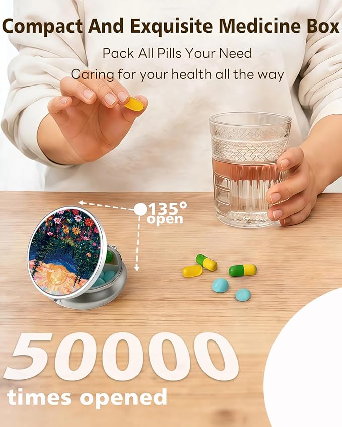 LRITER Pill Case, Portable Travel Pill Box, Pillbox Organizer, Cute Small Medicine Storage Container, Purse Accessories for Women, Men (Sunrise Forest)