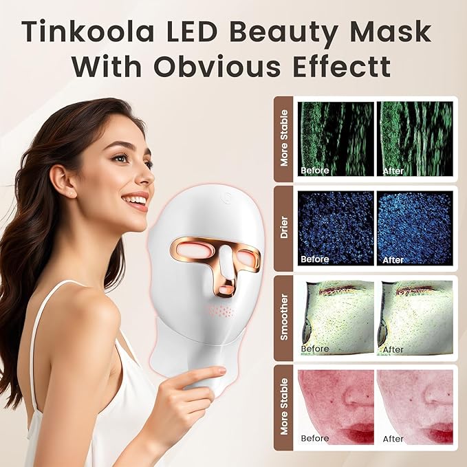 Red Light Therapy Mask for Face & Neck, LED Face Light Therapy,USB C Rechargeable,Infrared Mask for Home Working Travel Yoga (White Gold)