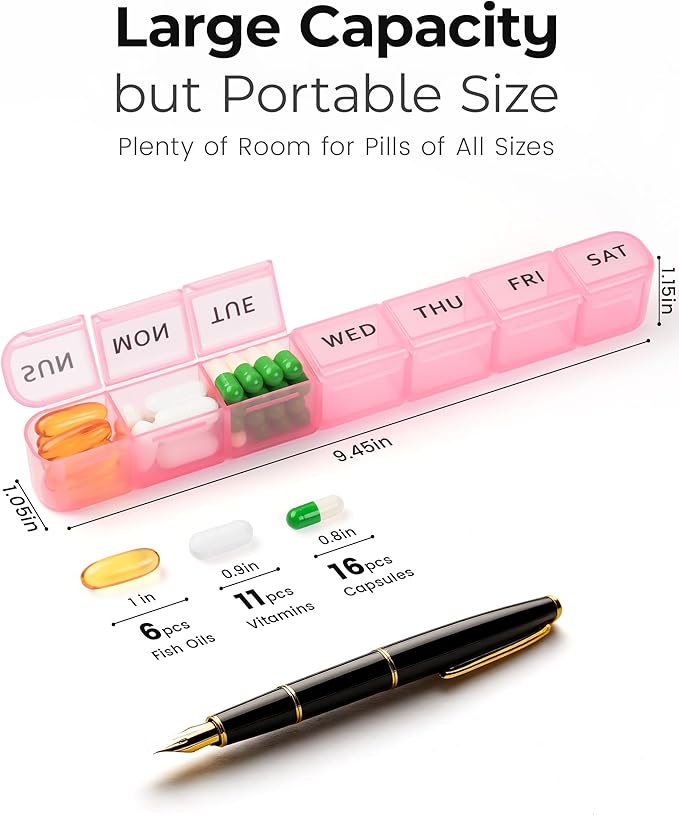 2-Pack Weekly Pill Organizer, 7 Day Large Pill Box with Clear Compartments, BPA-Free Medicine Case, Easy Open & Secure Close, Travel Pill Holder for Vitamins & Supplements - Pink&Purple