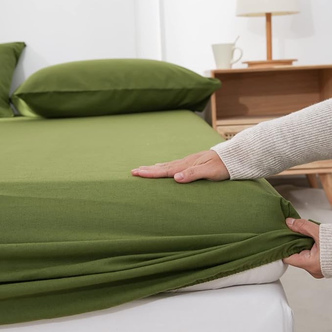 Simple&Opulence Belgian Linen Sheet Set Solid Color - 4 Pieces (1 Flat Sheet, 1 Fitted Sheet & 2 Pillowcases) Natural Flax Cotton Blend Soft Breathable Farmhouse Bedding - Full Size, Forest
