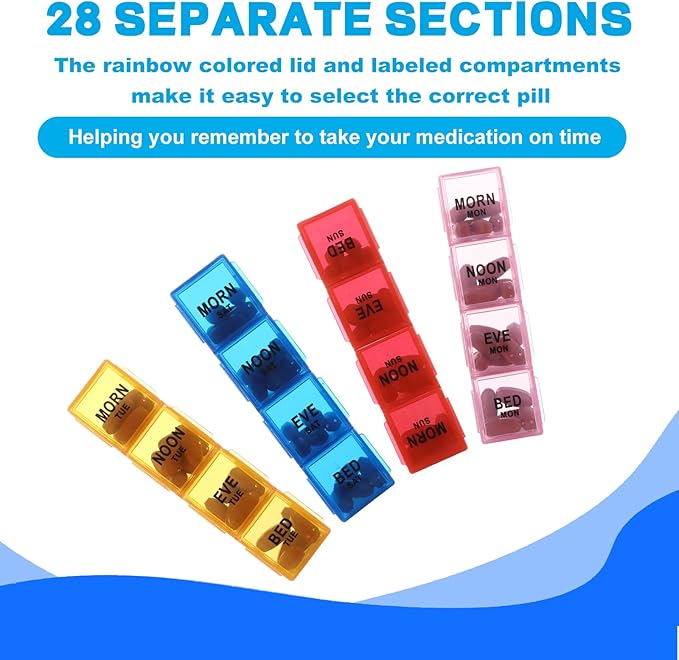 JMIATRY 6 Pack 7 Day Pill Organizer 4 Times a Day Large Weekly Pill Organizer 28 Compartment Daily Medicine Pill Box 7 Day Pill Container Holder to Hold Fish Oils, Vitamin (8.2 x 4.9 x 1.2 Inch)
