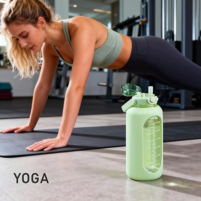 Glass Water Bottle with Straw and Handle Lid Half Gallon Motivational Glass Bottle with Silicone Sleeve and Time Marker Large Reusable Sports Water Jug for Gym Home Workout