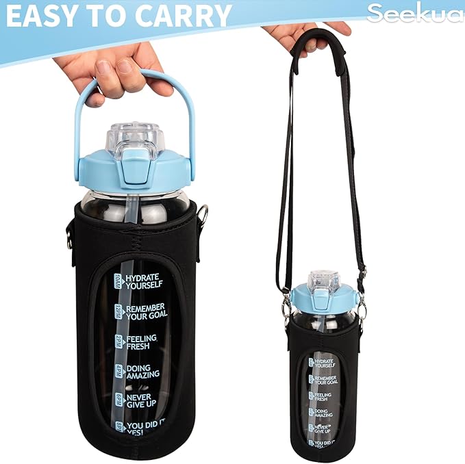 64 oz Glass Water Bottle with Straw and Time Marker, Half Gallon Large Motivational Borosilicate Glass Drinking Bottle with Silicone Boot and Sleeve