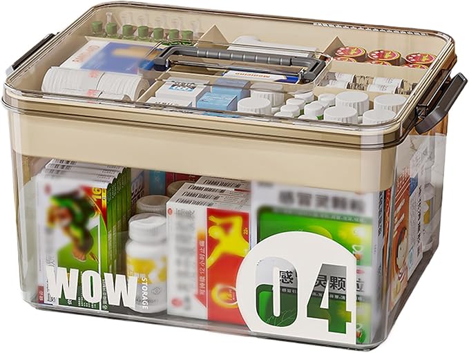 Medicine Storage Box - Pill Bottle & Medication Organizer, Transparent Multi-Compartment with Handle, Home Storage (15'L11.6'W9'H) White
