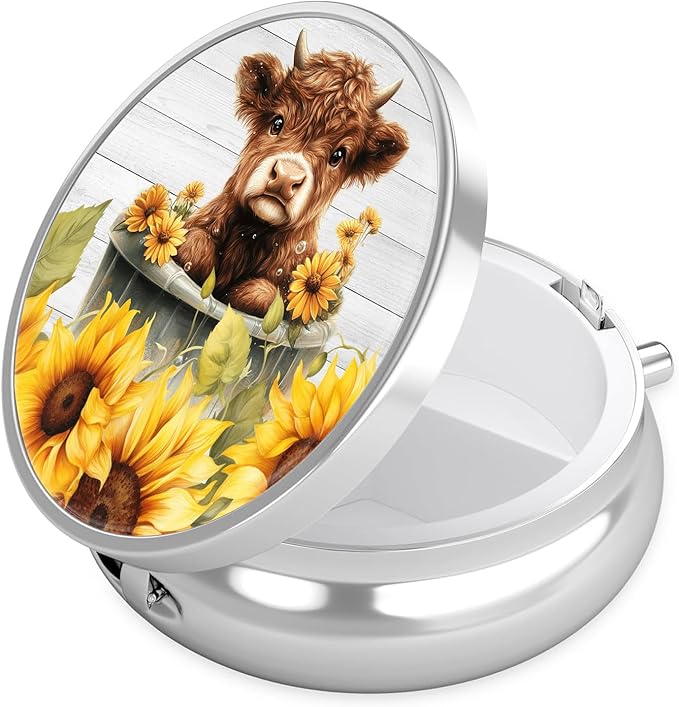 Sunflower Highland Cow Pill Case, Pill Box 3 Compartments Metal Small Pill Holder with Mirror Mini Travel Pill Container for Purse Pocket Women Men