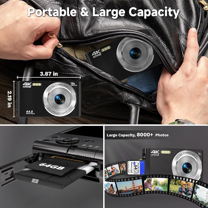 Digital Camera 4K, 2026 Upgrade Black Cameras for Teens, Autofocus Digital Point and Shoot Camera for Kids with 16X Zoom, 64GB SD Card, Compact Small Camera for Boys Girls Teens Kids Gift