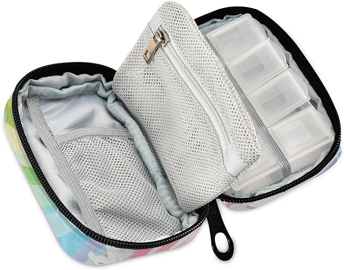 Unicorns Rainbow Stripes Colors Travel Pill Organizer Case Box Container Weekly Portable Vitamin Medicine Holder Storage Bag with Zipper Removable