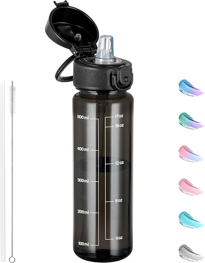 GOPPUS 17oz Kids Water Bottle for School -Straw, Leak-Proof Tritan Sports Bottle Time Marker Reusable for Girls Boys