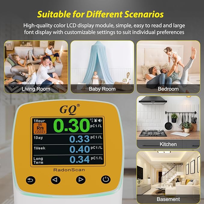 GQ Radon Detector New V2.0 Radonscan Home Radon Monitor Alpha Radiative Gas Radiation USA Product Large Color Display Short and Long Term continuously Monitor Accurate Fast Sensitive Data Saving