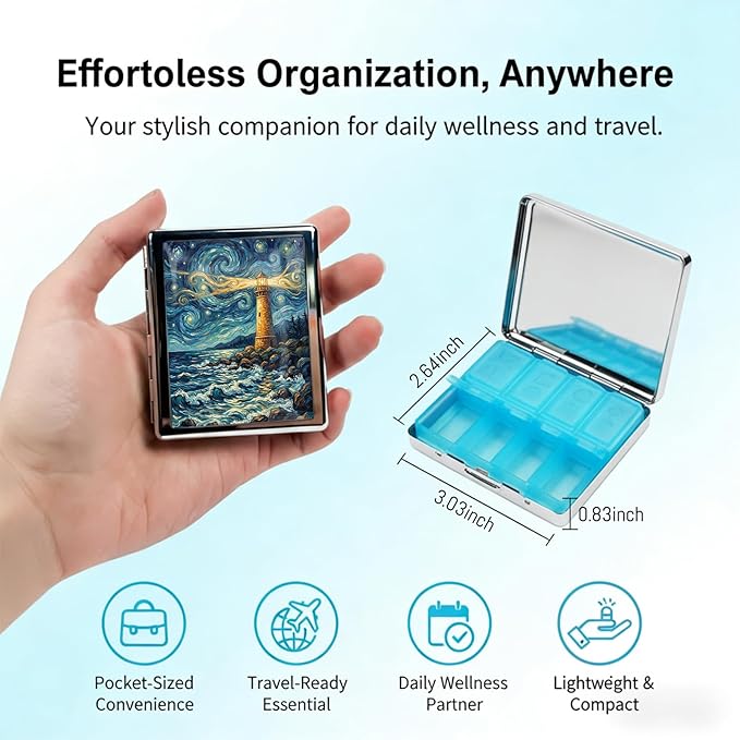 Metal 7 Day Pill Organizer, Cute Small Weekly Pill Case with 8 Compartments for Travel, Moisture-Proof Medicine Holder for Purse, Compact Daily Vitamin Box (Lighthouse Night)