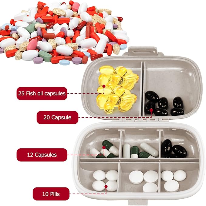 4PCS Travel Pill Organizer, 8 Compartments Portable Pill Case, Small Pill Box for Pocket Purse Portable Medicine Vitamin Container (Green+Blue+Pink+Beige)