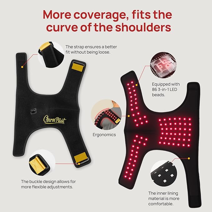 Red Light Therapy for Shoulder Pad — 86 LEDs, 660 nm + 850 nm, Adjustable Wrap with Smart Remote, 5 Power Levels, 10–90 Min Timer, Left or Right Shoulder