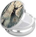 Vintage Deer Pine Tree Pill Case, Pill Box 3 Compartments Metal Small Pill Holder with Mirror Mini Travel Pill Container for Purse Pocket Women Men