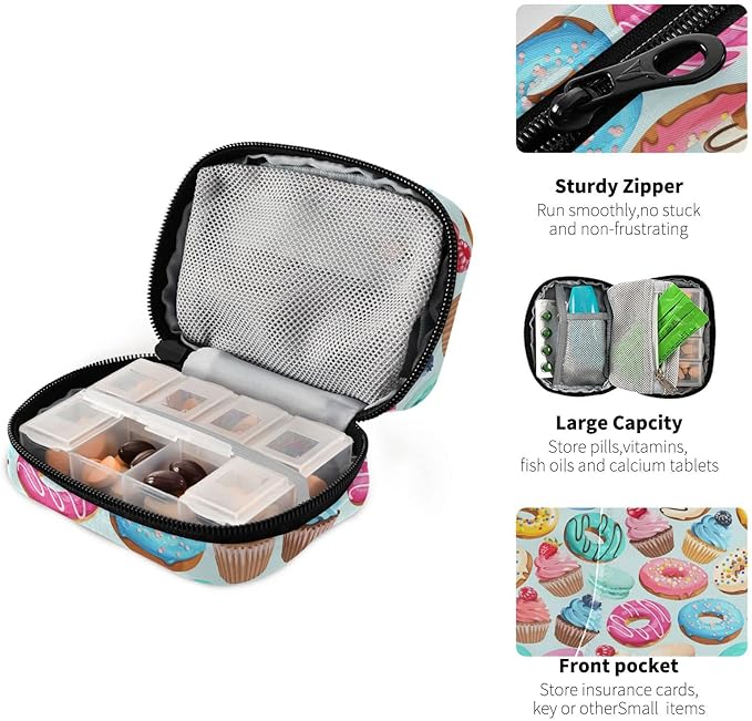 Pill Box Cake Print 7 Day Pill Case Travel Pill Organizer Bag with Zipper Portable Weekly Vitamin Medicine Supplement Holder Pouch Bag
