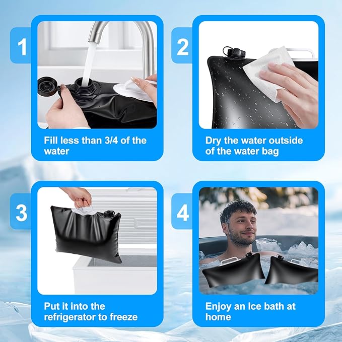 4 Pack(24L) Large Refillable Ice Bath Bags Water Chiller,Bathtub Freezer Water Bags,Portable Cold Plunge Ice Bags Tub Accessories,Anti-Breakage Ice Block/Cube Molds for Cold Plunge