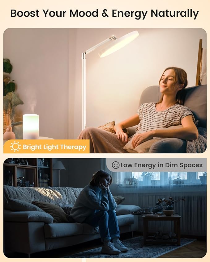 Light Floor Lamp 12000 Lux – UV-Free Full Spectrum LED Floor Lamp with 10 Brightness Levels, 5 Color Modes, 2 Setup Options, Adjustable Height, Remote & Timer for Reading, Bedroom, Office (White)