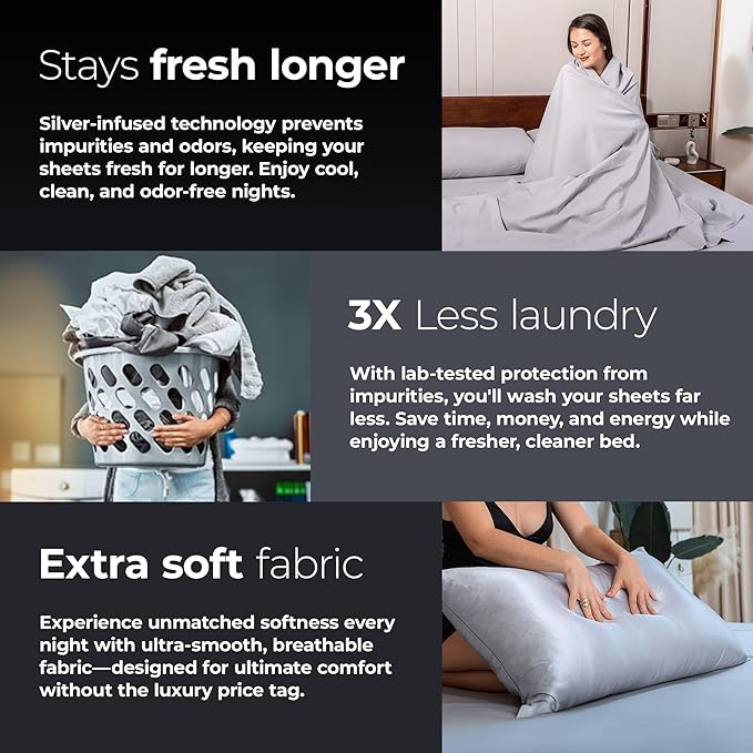 Silvery Silver Infused Bed Sheets Set - Ultra-Soft Temperature-Regulating Fabric with Self-Cleaning Technology™ That Stays Fresh 3X Longer for Hygienic Sleep