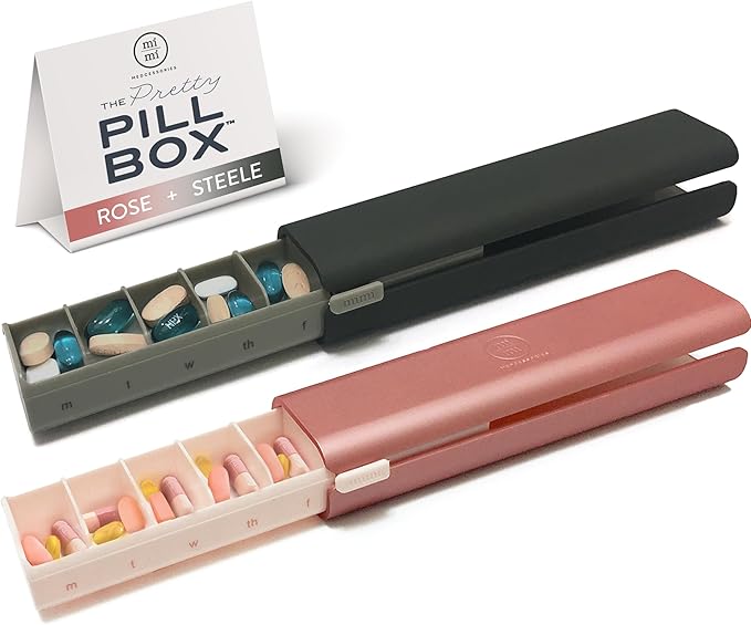 7 Day Pretty Pillbox Organizer Combo - Modern, Stylish & Perfect for Any Kinds of Pills - Daily & Travel Use - Rose & Steel