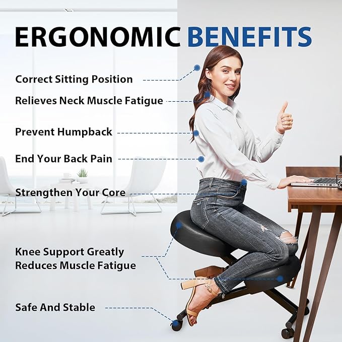 Kneeling Chair Ergonomic for Office, Height Adjustable Stool for Home and Office - Improve Your Posture with an Angled Seat - Thick Moulded Foam Cushions - Brake and Smooth Gliding Casters