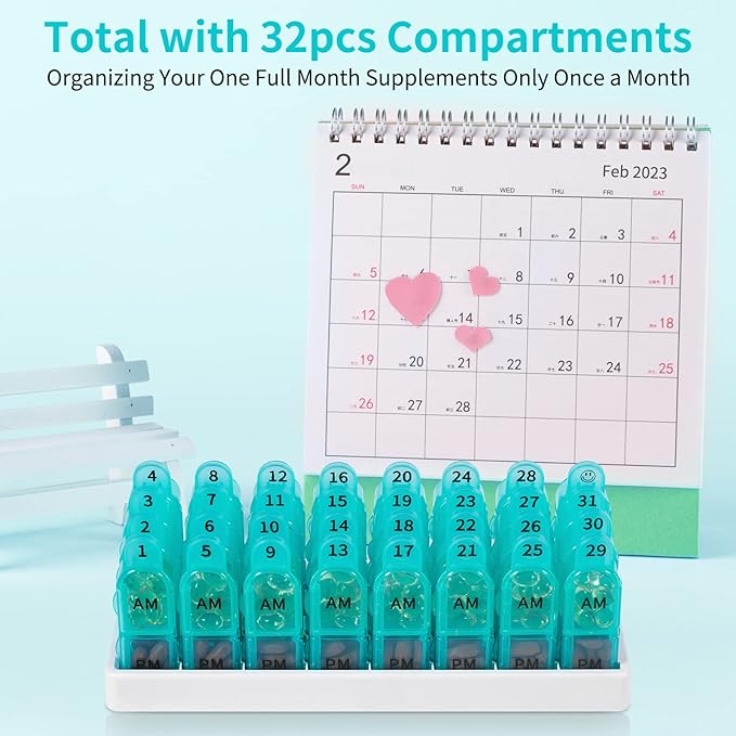 Daviky Monthly Pill Organizer 2 Times a Day, 30 Day Pill Box AM PM with Separate Container, One Month Medicine Case Twice a Day to Hold Vitamins, Supplements and Medication (Cyan)