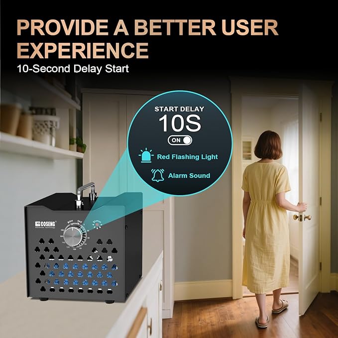 Ozone Generator for Home with 10-Second Delay Start, Ozone Machine Odor Removal for Car, Smoke, Pet, Bathroom, Basement – Covers Up to 1500 Sq.Ft – Black