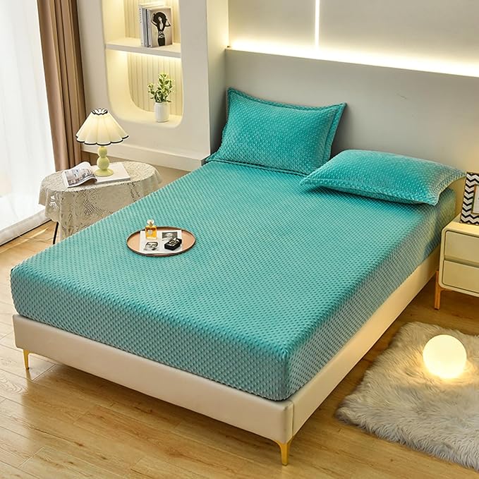 ZIQINPSQ Coral Velvet Fitted Sheet-Thickened Cold-Resistant and Warm Bed Sheets-Soft Velvet Fleece Fitted Sheets with-Elastic All Around. (Aqua, California King)