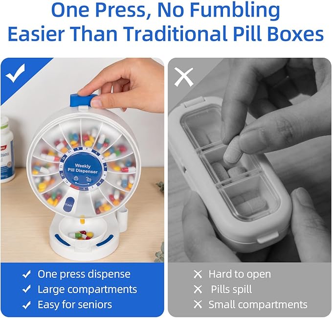 JULOS 14 Days Pill Organizer with Wall-Mounted or Standing Use for Elderly, Daily Large Pill Box with Easy Press Button, Pill Organizer for Medicine, Vitamin or Supplements, Blue