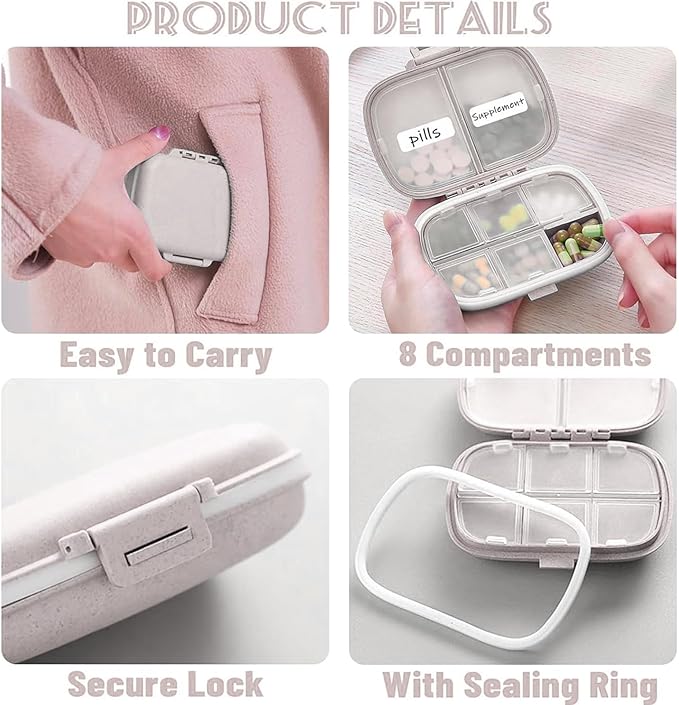 2PCS INVODA Pill Organizer Travel Pill Box 8 Compartments Moisture Proof Small Pill Case for Pocket Purse Daily Pill Container Portable Medicine Fish Oil Vitamin Holder