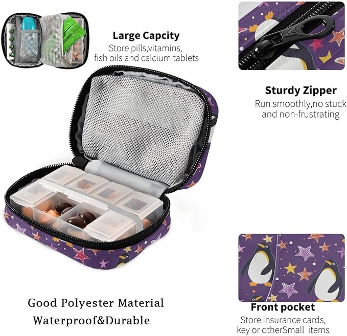 Fustylead Cute Penguin and Colorful Stars on Purple Background Pill Organizer for Purse, Weekly Portable Pill Box with Zipper to Storage Vitamins Fish Oils Medications Supplements