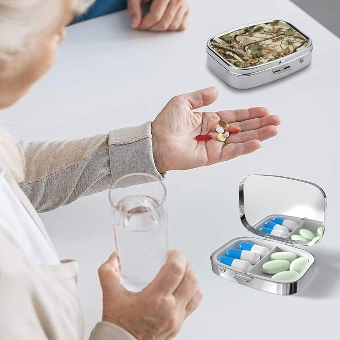 Pill Box-2 Compartment Small Pill Case Square Organizer Case with Mirror Portable Metal Medicine Box Travel Container for Pocket & Purse Women Men(Camo Forest)