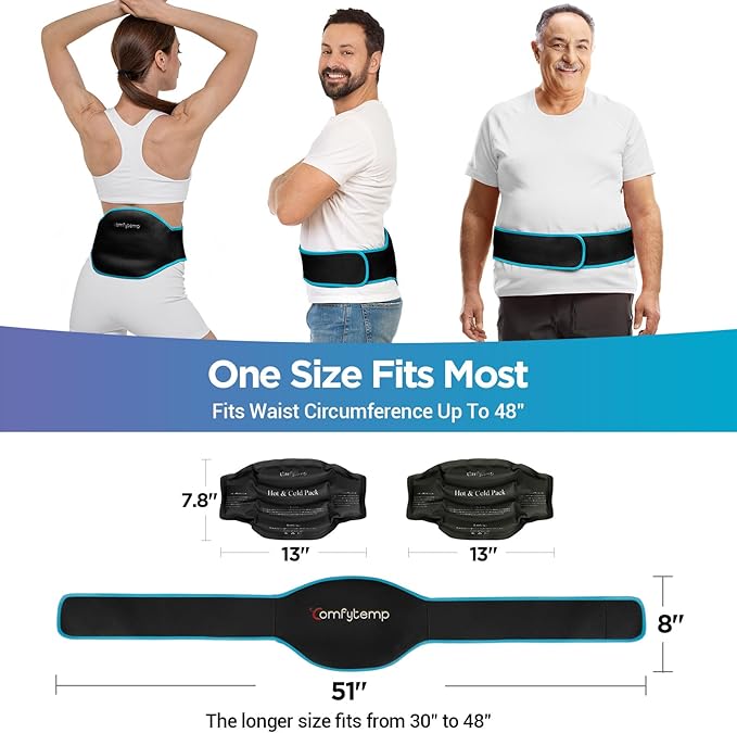 Comfytemp Back Ice Pack Brace, Lumbar Pain Relief Product for Sciatica Ease, 2 Pcs, Gel Lower Back Support Wrap Ice for Injuries Reusable, Hot Cold Compress for Lower Waist (Black)