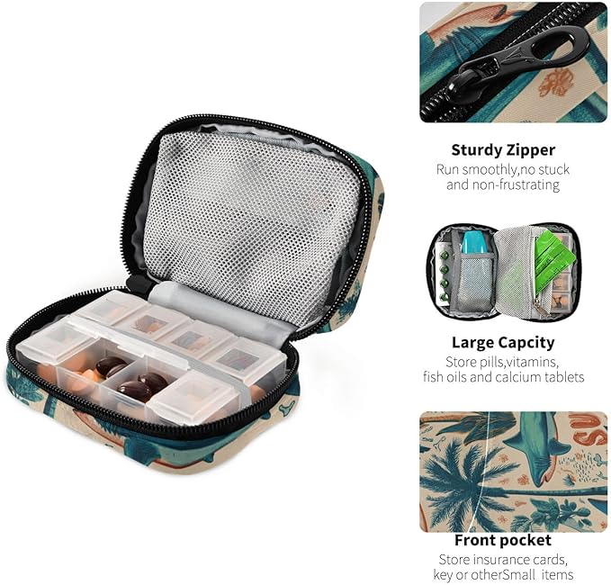 Vintage Beige Surfing Sharks Ans Palm Trees Travel Pill Organizer Case Box Container Weekly Portable Vitamin Medicine Holder Storage Bag with Zipper Removable