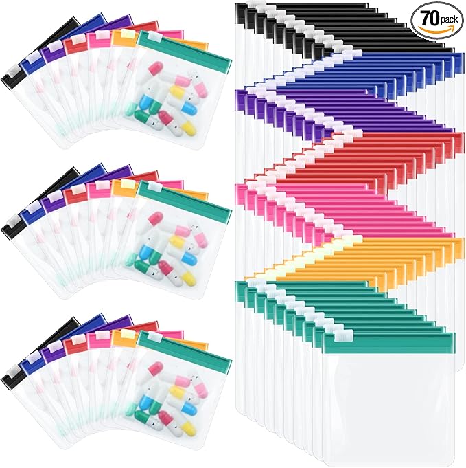 70 Pcs Pill Pouch Bags Zippered Reusable Medicine Pouches Travel Plastic Pill Bags Self Sealing Medicine Organizer with Slide Lock for Medication, Vitamins, Jewelry, Daily Small Items(Classic)