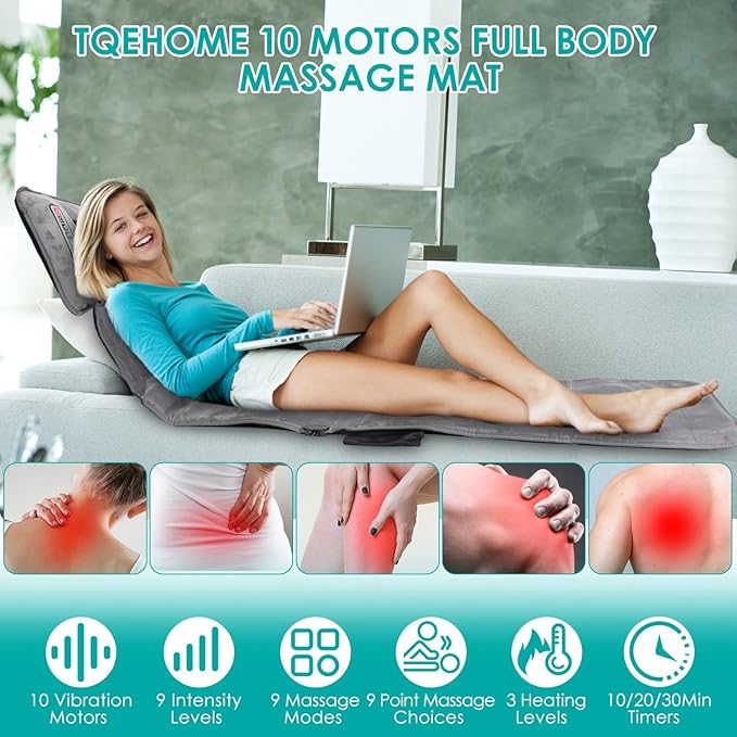 Full Body Massage Mat with Heat & Movable Shiatsu Neck Back Massager Pillow, Upgraded Massage Mattress Pad with 10 Vibration Motors,9 Massaging Mode,2 Heating Pad,for Back Neck Leg Pain Relief