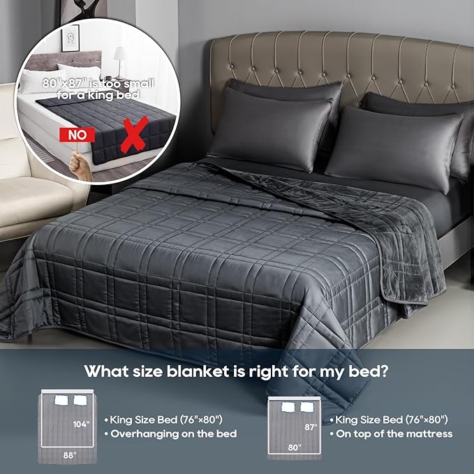 King Size Weighted Blanket 20lbs(88''x104'', Dual-Sided), Reversible King Weighted Blanket with Cozy Warm Velvet & Cooling Tencel Fabric for Adults & Couple All Season - Carry Bag Included, Dark Grey