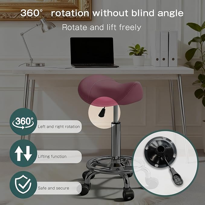 Saddle Stool with Wheels, Adjustable Rolling Stool Chair with Back Support, Ergonomic PU Leather Saddle Chair for Salon, Massage, Tattoo, Medical, Spa, Office (Pink, 1PCS)