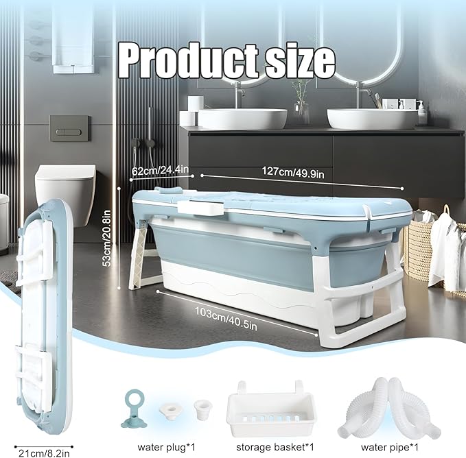 Portable Bathtub, 58/56/50/46 Inch Collapsible Bathtub, Freestanding Foldable Bath Tub for Adults, Folding Tub for Shower, Hot Bath, Ice Bath Blue-B-130cm