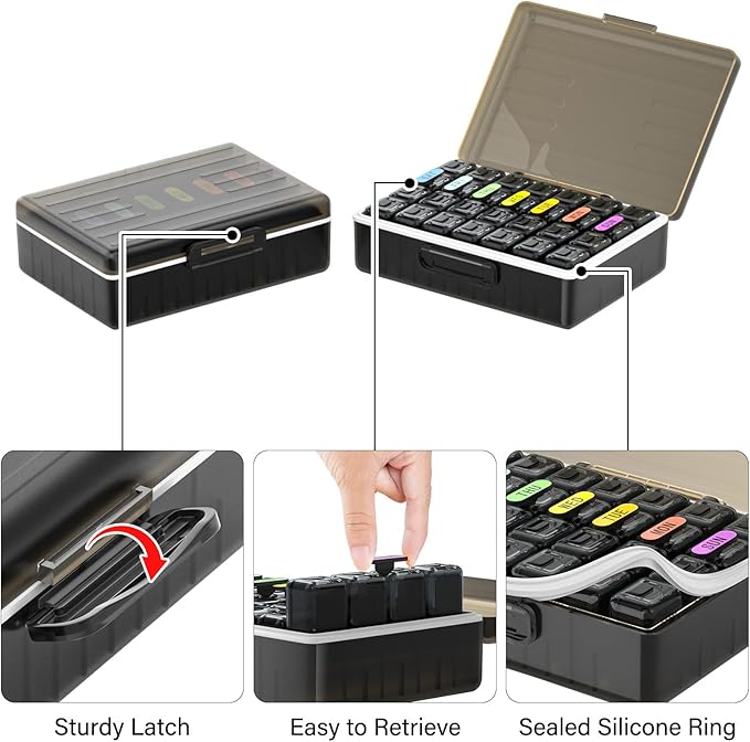 Weekly Pill Organizer 4 Times a Day, Large Compartments Pill Box 4X 7 Day, Medicine Organizer Pill Case for Pills/Vitamins/Fish Oils/Medication/Supplements (4x7 Black)
