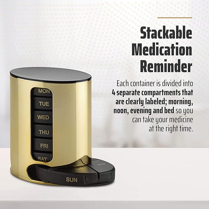 Daily Pill Organizer - (4 Times a Day) Stackable Medication Reminder - Premium Weekly AM/PM Pill Box with 7 Daily Stackable Trays and Medicine Organizer for Vitamins and Supplements, Gold, Case of 40
