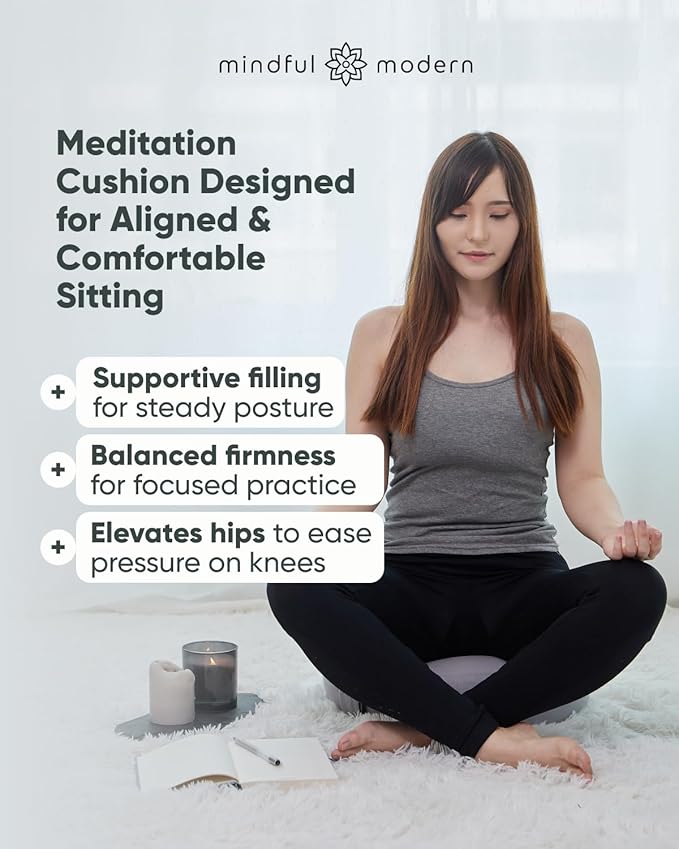 Mindful & Modern Large Meditation Cushion | Zafu Yoga Bolster Meditation Floor Pillow Seat | Buckwheat Hull Filled Crescent Shaped Cushion with Removable Washable Cover + Carry Handle | Grey
