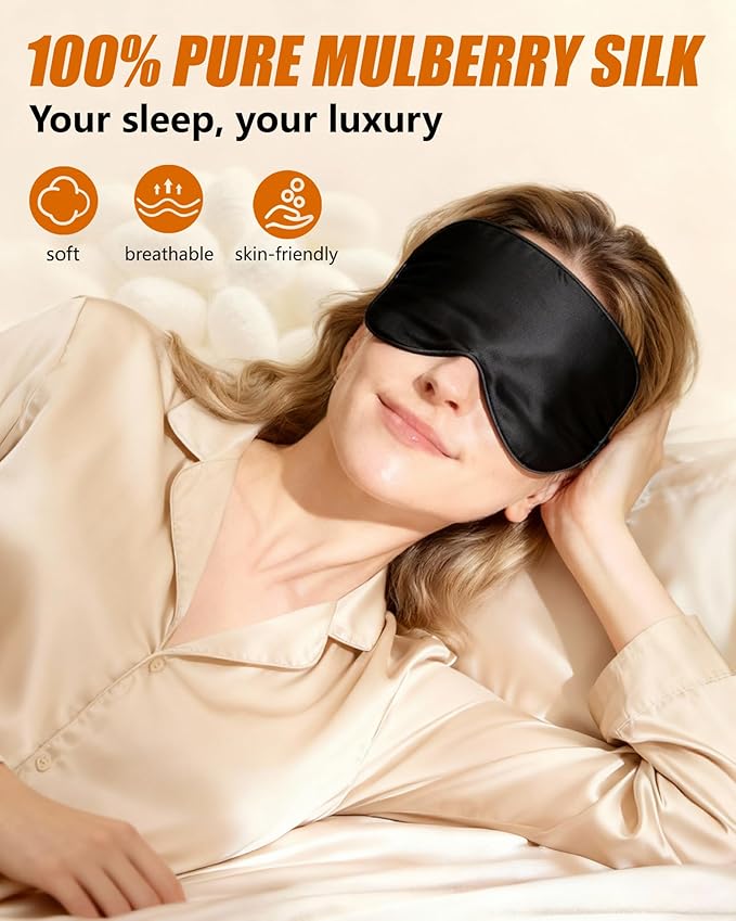 100% Mulberry Silk Sleep Mask with Adjustable Strap, 16-Momme Light-Blocking Eye Mask for Sleeping, Hypoallergenic Silk Eye Masks for Women and Men, Perfect Travel & Gift Choice（Black）