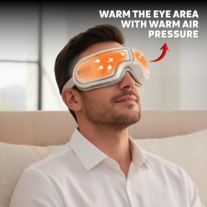 Kuyra Foldable Heated Eye Massager: Heat, Compression, Music & Adjustable Mask – Portable Eye Strain Relief, Dry Eyes Comfort, Relaxation Sleep Support, Holiday Birthday Gift Women & Men (White)