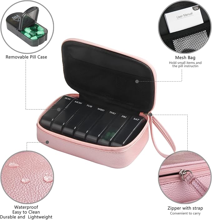 Weekly PU Leather Pill Bag Organizer Case 2 Times a Day, AM PM Daily Pill Box to Hold Vitamin, Fish Oil, Supplements and Medicine (Pink)