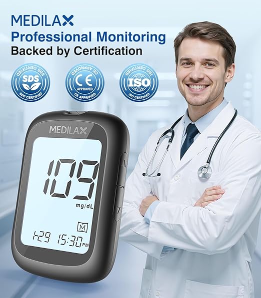 Medilax Blood Glucose Monitor Kit, Blood Sugar Testing Kit with 100 Test Strips, 100 Lancets, Glucometer and Lancing Device, 500 Memories & No Coding & Large Display Glucose Monitor for Home Use